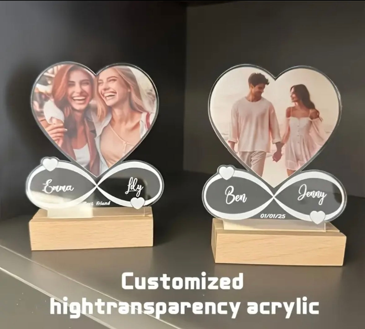 Personalised Acrylic Heart Shaped Photo Frame with Wooden Stand