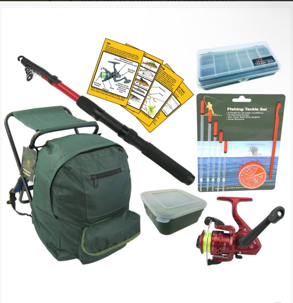 Complete Junior Beginners Fishing Kit Rod Reel Tackle Seat Rucksack