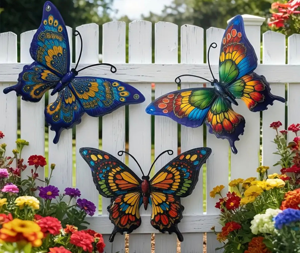 Set of 3 metal butterfly fence decor