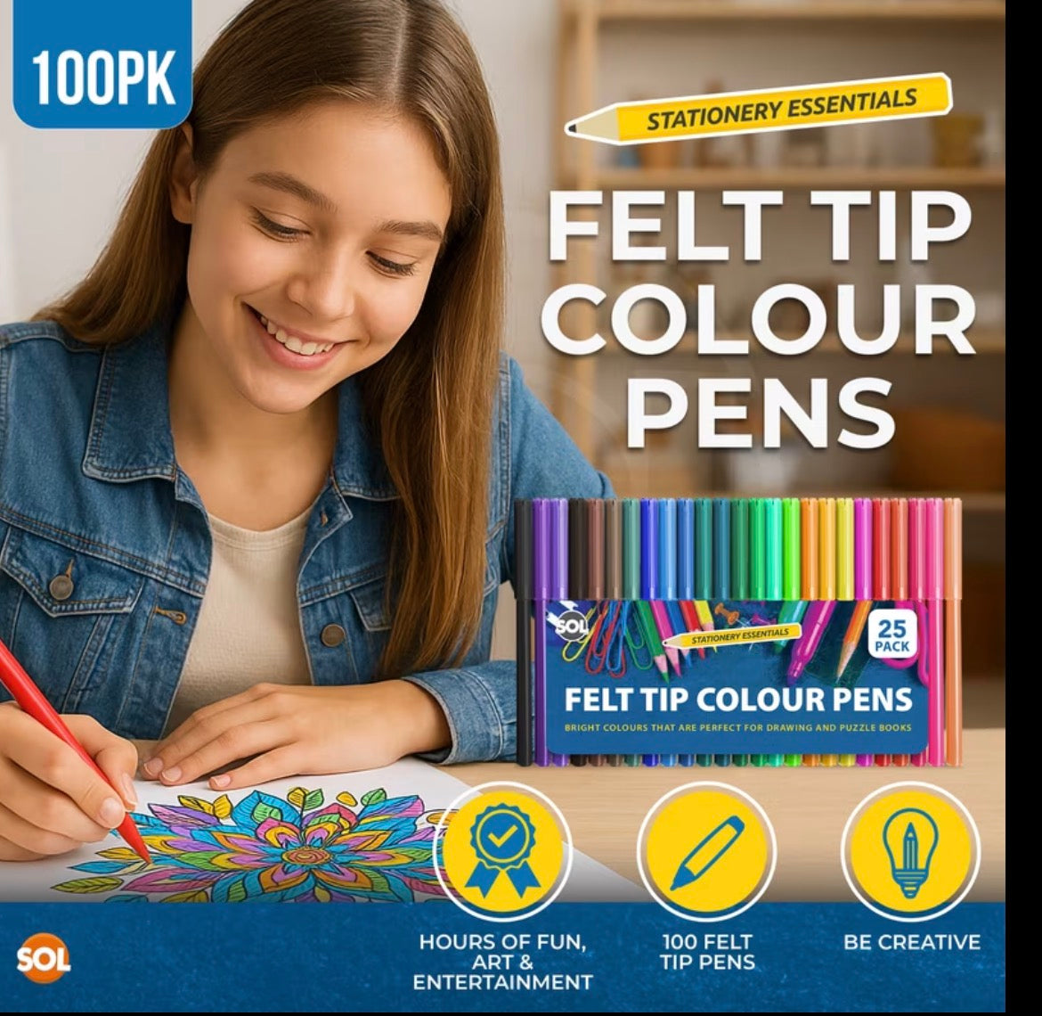 100 Pack Felt Tips