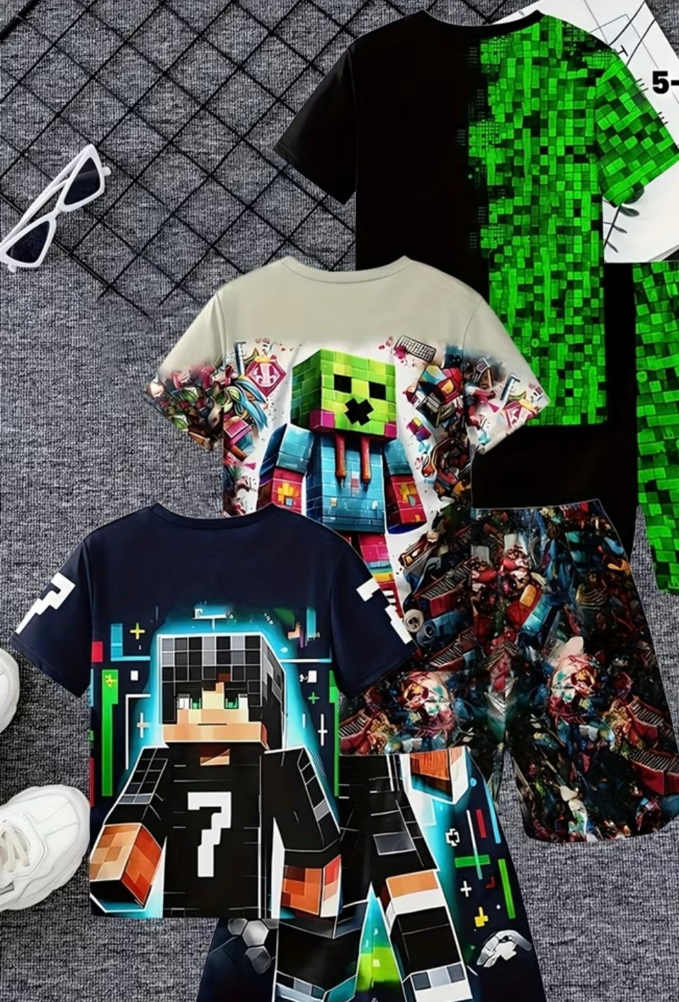 6pcs Fashion Creative Cartoon Pattern Boys 3D Print tshirt set