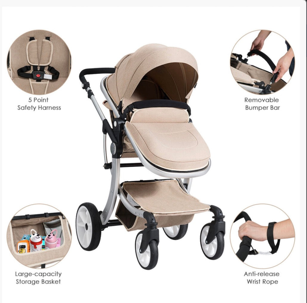 Foldable 2-in-1 Baby Stroller: Reversible Bassinet, 3-Position Backrest, Shockproof Wheels, Large Storage, Net & Diaper Bag