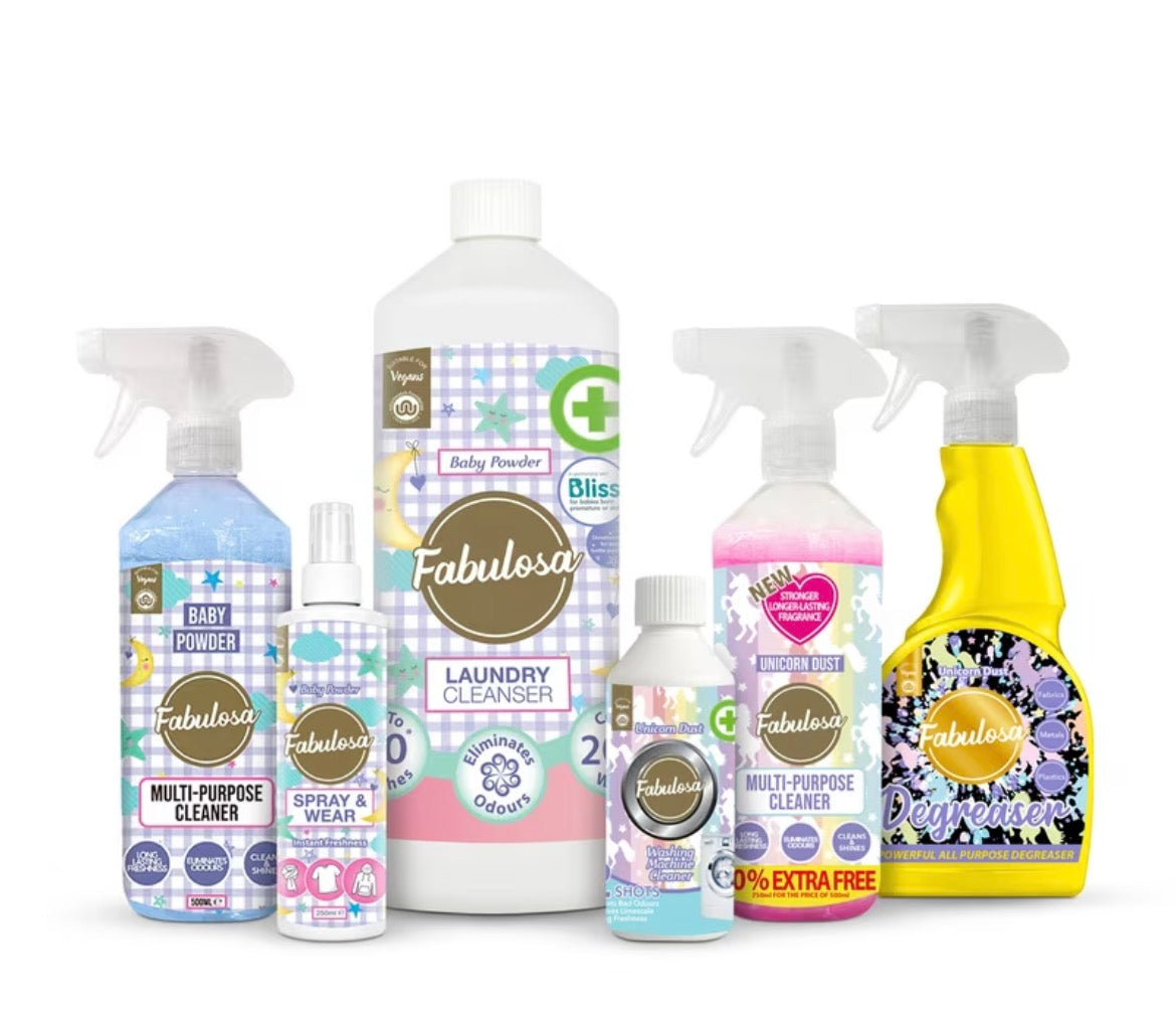 FabFinds Fabulosa Discovery Bundle Unicorn Dust and Baby Powder 6pcs Cleaning and Laundry Set with Multipurpose Sprays Degreaser and Laundry Care Essentials