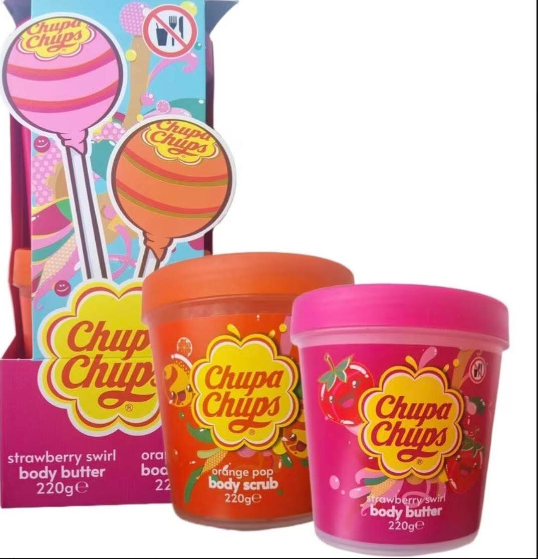 Chupa Chups Body Butter & Body Scrub Set – Strawberry Swirl & Orange Pop 220g Duo | Sweet-Scented Skincare Gift Set
