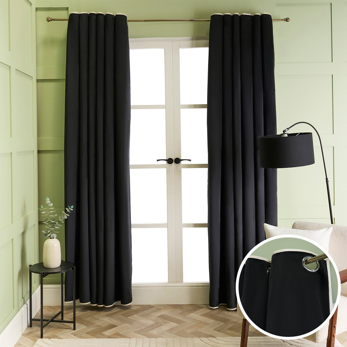 Piped Edge Velvet Eyelet Curtains - Black