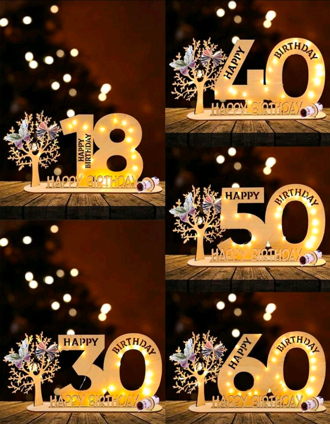 18/30/40/50/60 Birthday Number Shaped Wooden Decorations, With LED String Lights