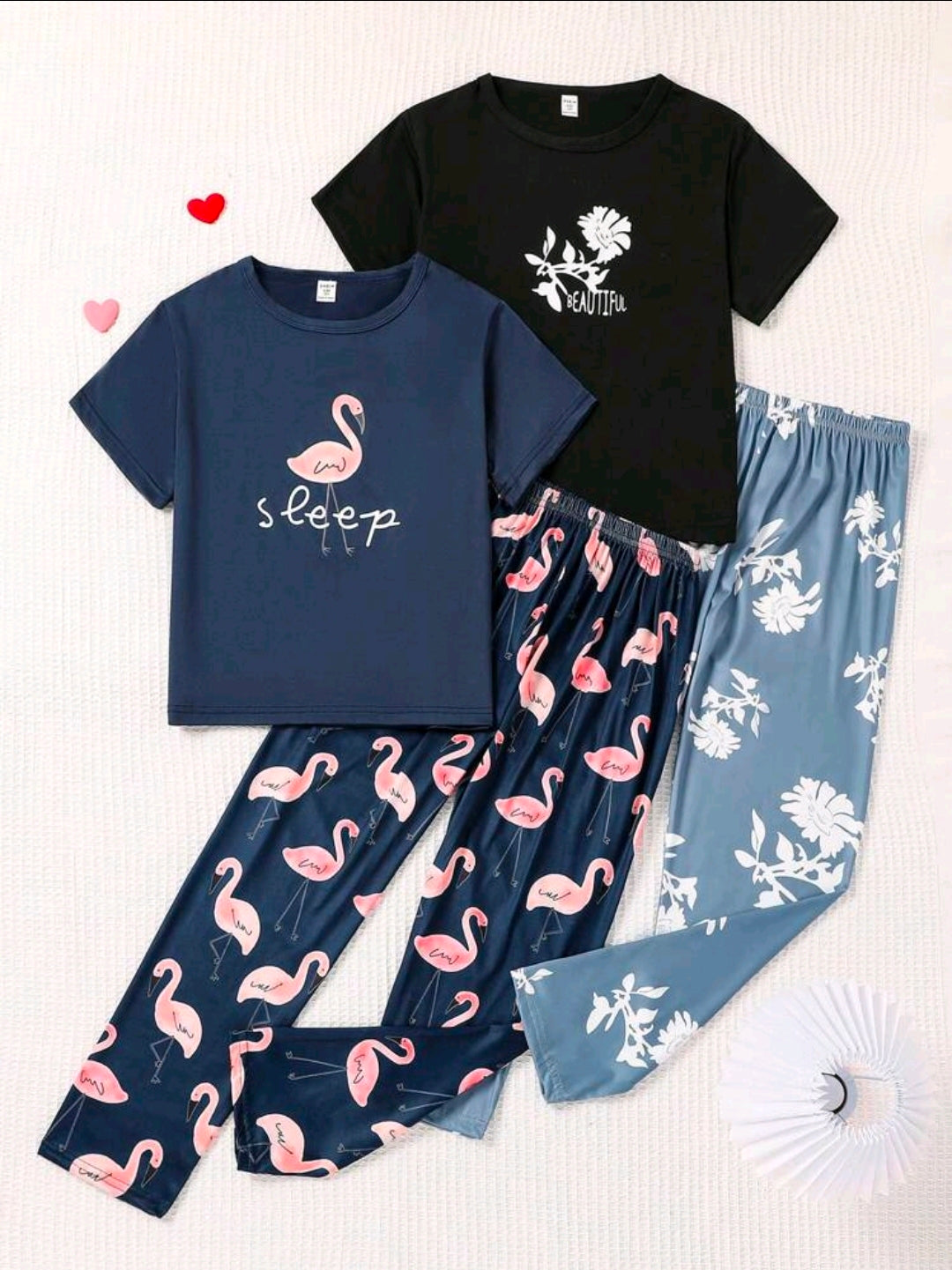 Girls Navy Flamingo Print Casual 2pcs Homewear Set - Long Pants & Short Sleeve Top