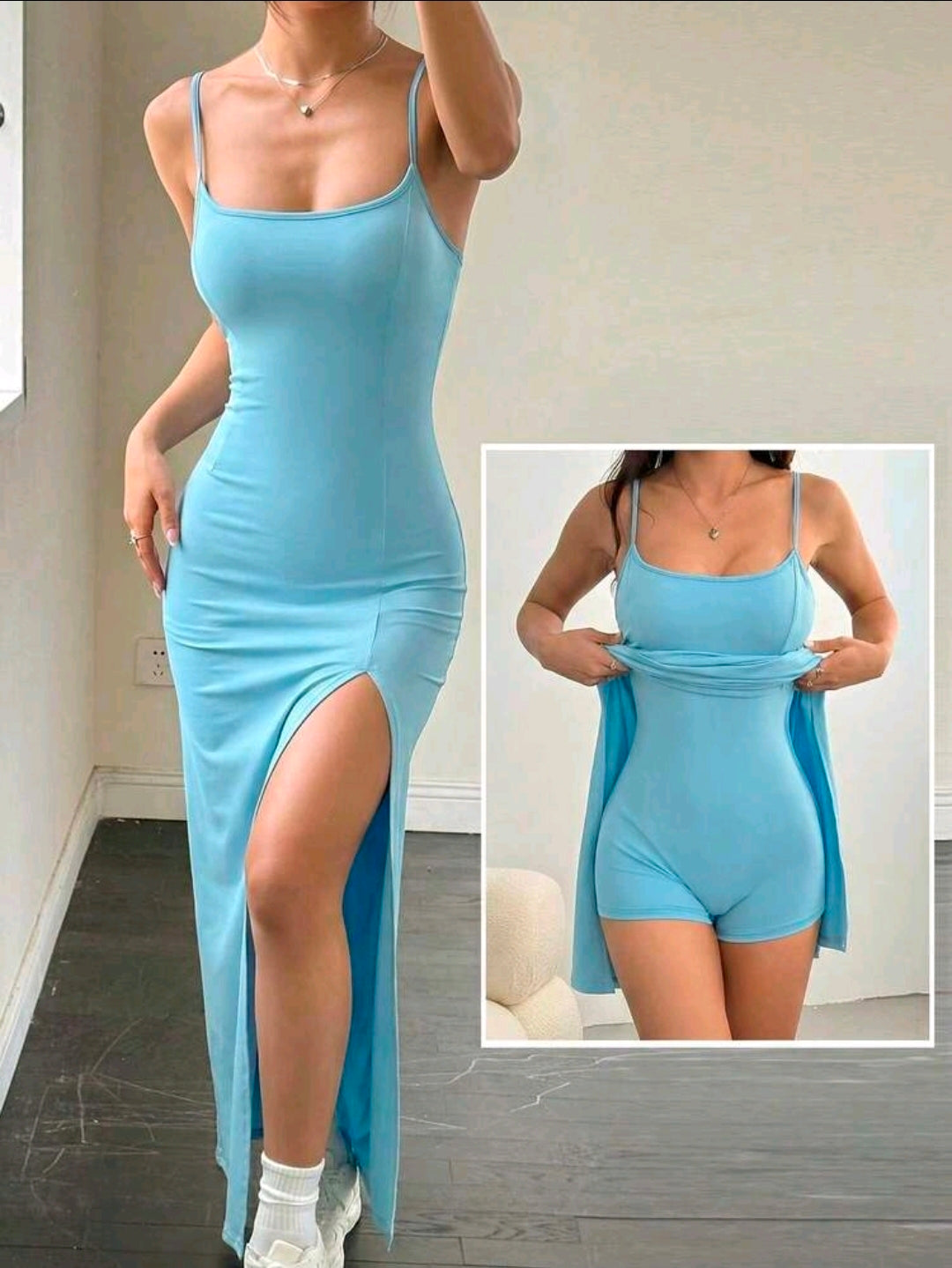 EZwear Women's Mid-Length Fitted Blue Spaghetti Strap Dress, Minimalist Fashion Casual Everyday Wear