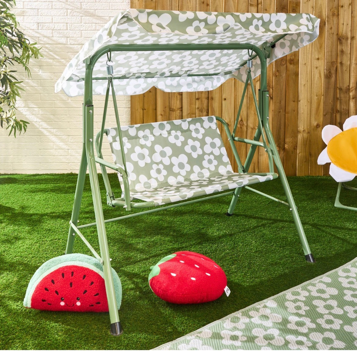 Kids Daisy Print Swing Bench with Canopy