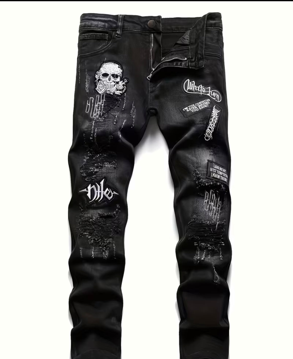 Men’s Gothic Skull & Crossbones Embroidered Jeans