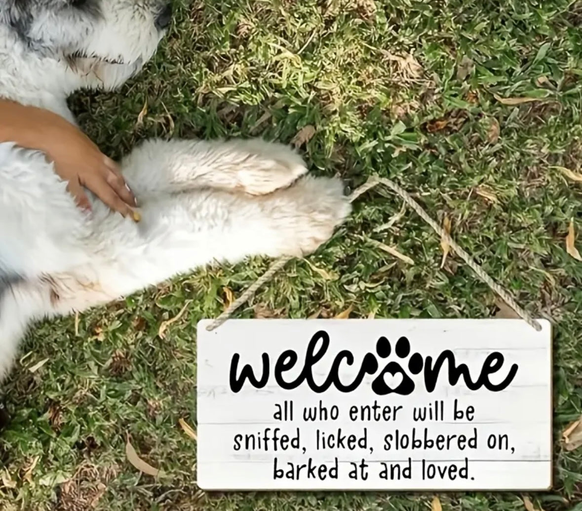 Dog themed wooden welcome sign