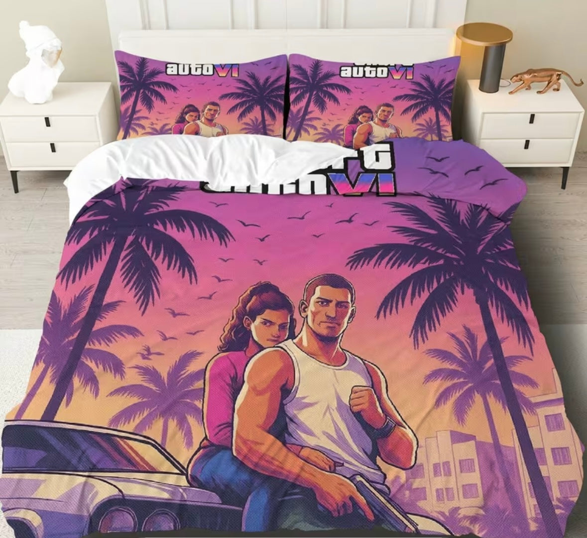 3pcs vintage urban cityscape gaming sunset duvet set