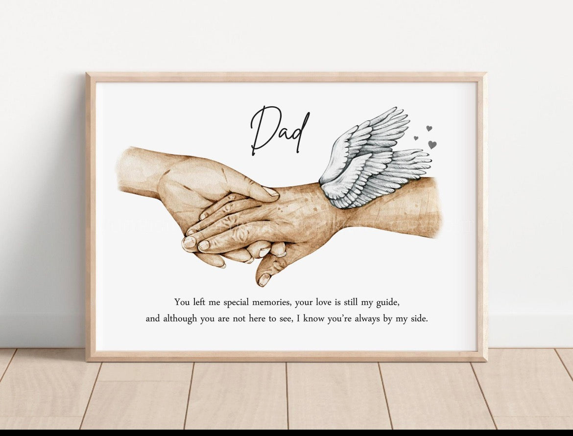 Personalised Memorial Dad Print | 2 Hands ONLY! | Unframed |  Bereavement | Angel Present Gift Loss