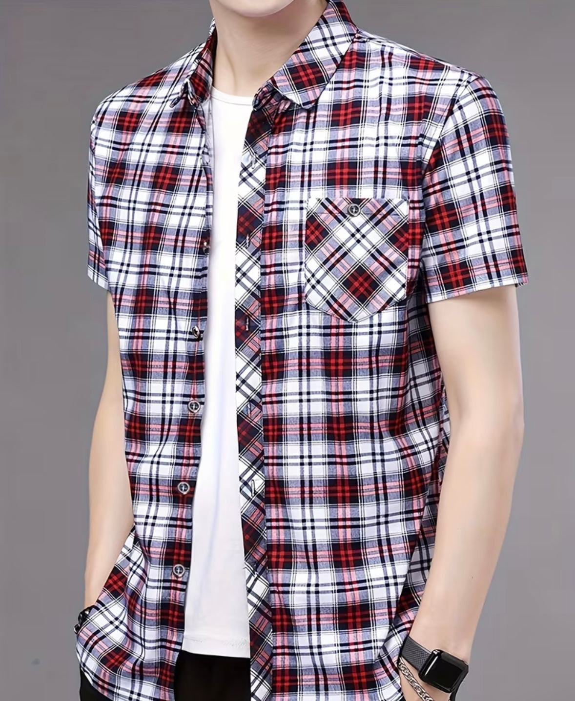 Set of 2 short-sleeve checkered shirts with buttons