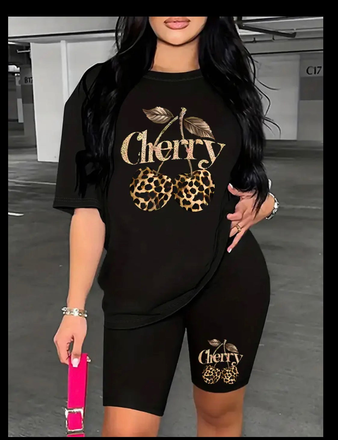 Plus Size Lepord Print Cherry T-shirt  Shorts Set