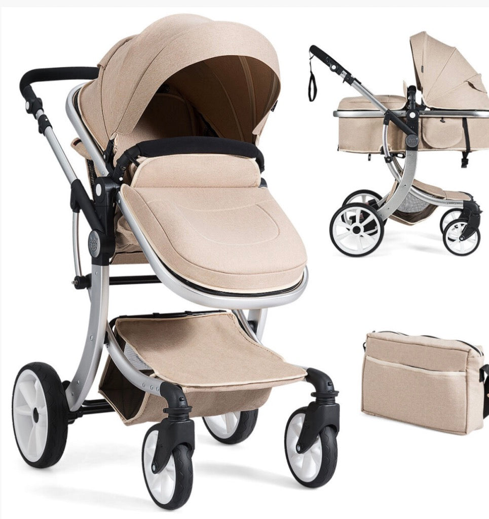 Foldable 2-in-1 Baby Stroller: Reversible Bassinet, 3-Position Backrest, Shockproof Wheels, Large Storage, Net & Diaper Bag