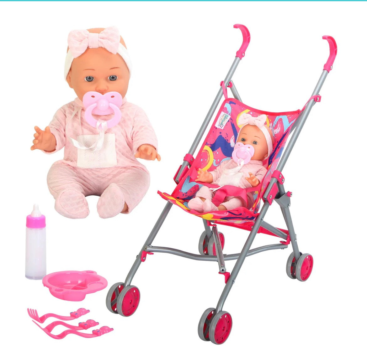 Baby Doll With Stroller & Feeding Accessories Set