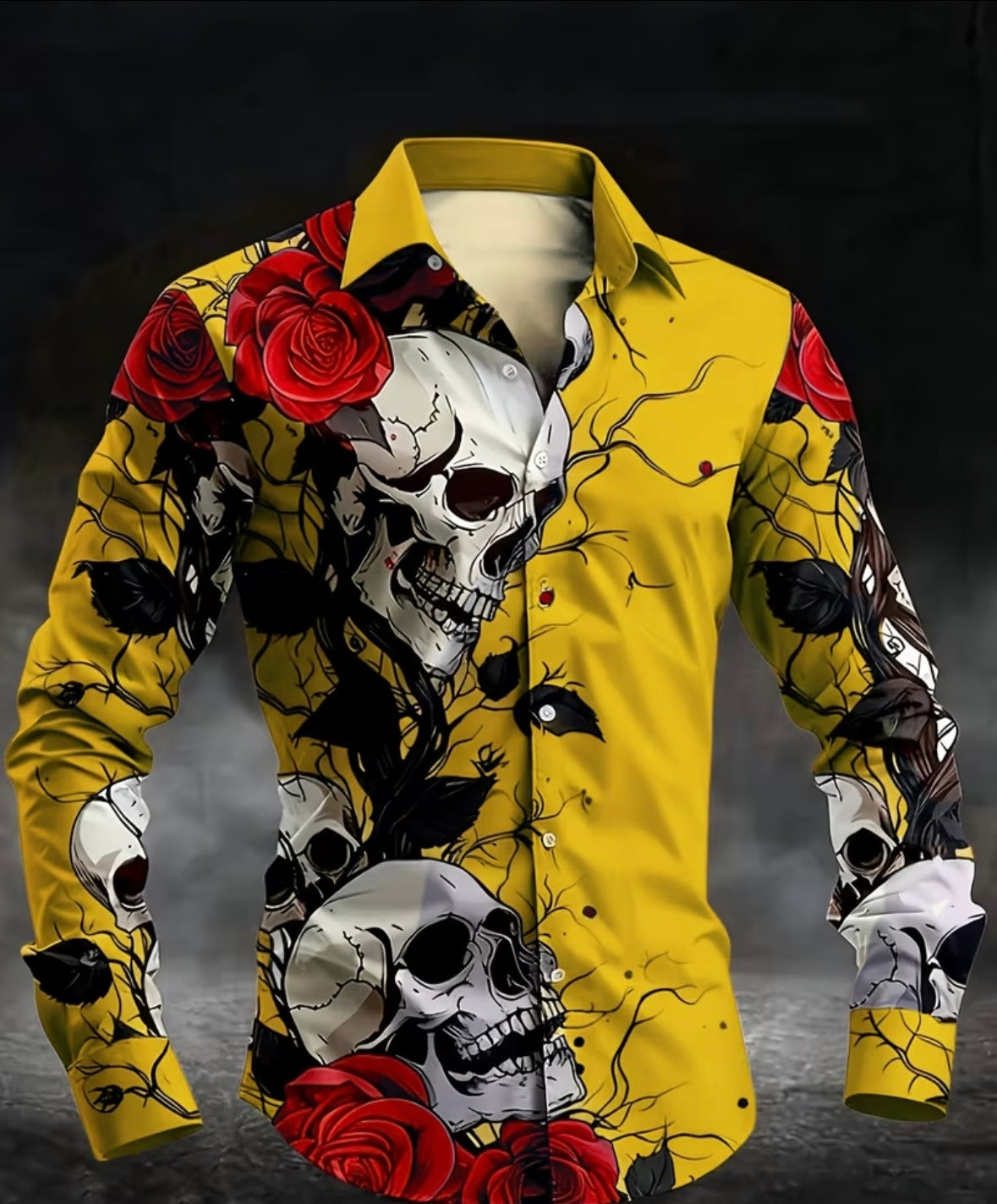 Men’s 3D Skull & Rose Print Long Sleeve Shirt