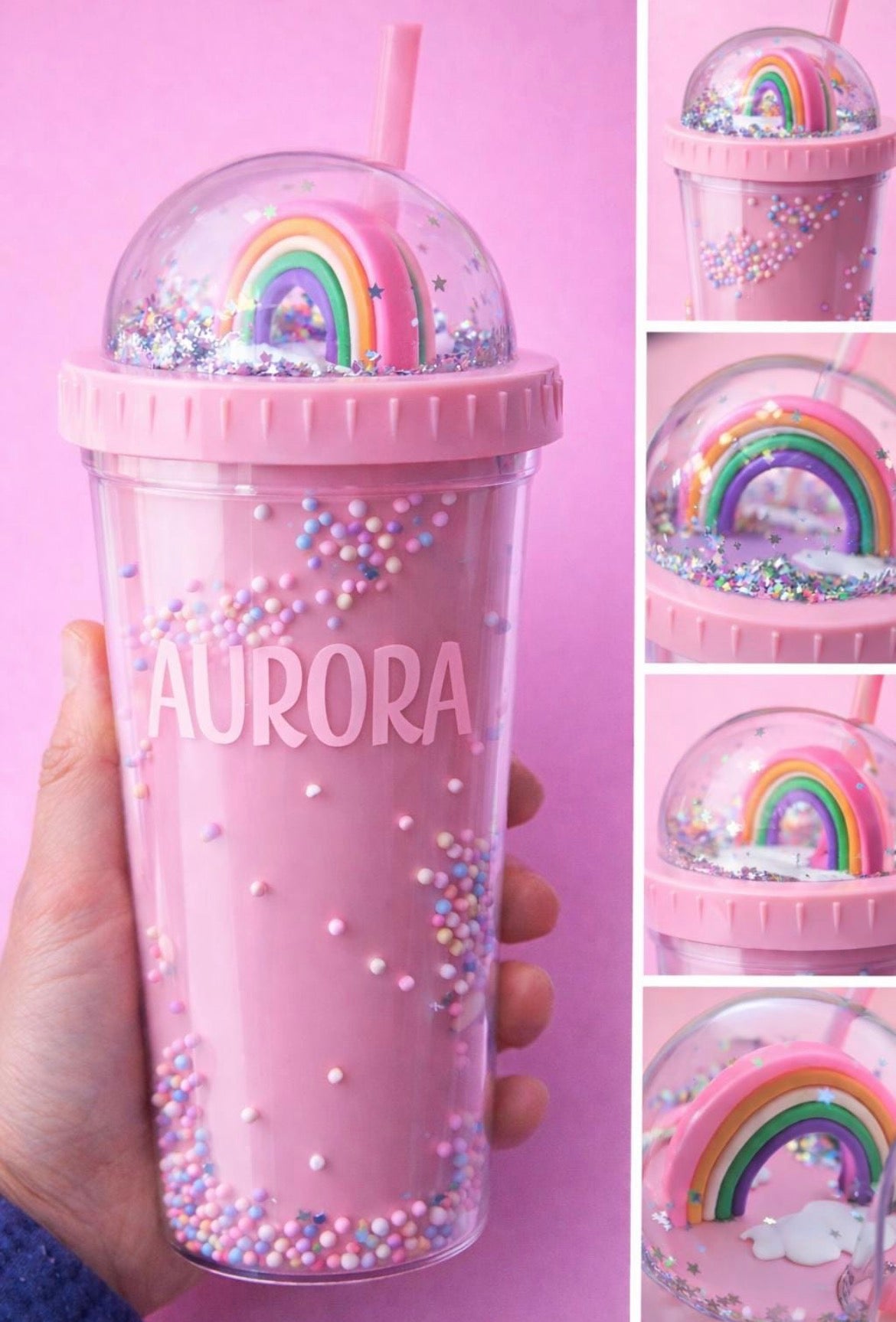 Personalised Rainbow Glitter Globe Tumbler Custom Name Cup