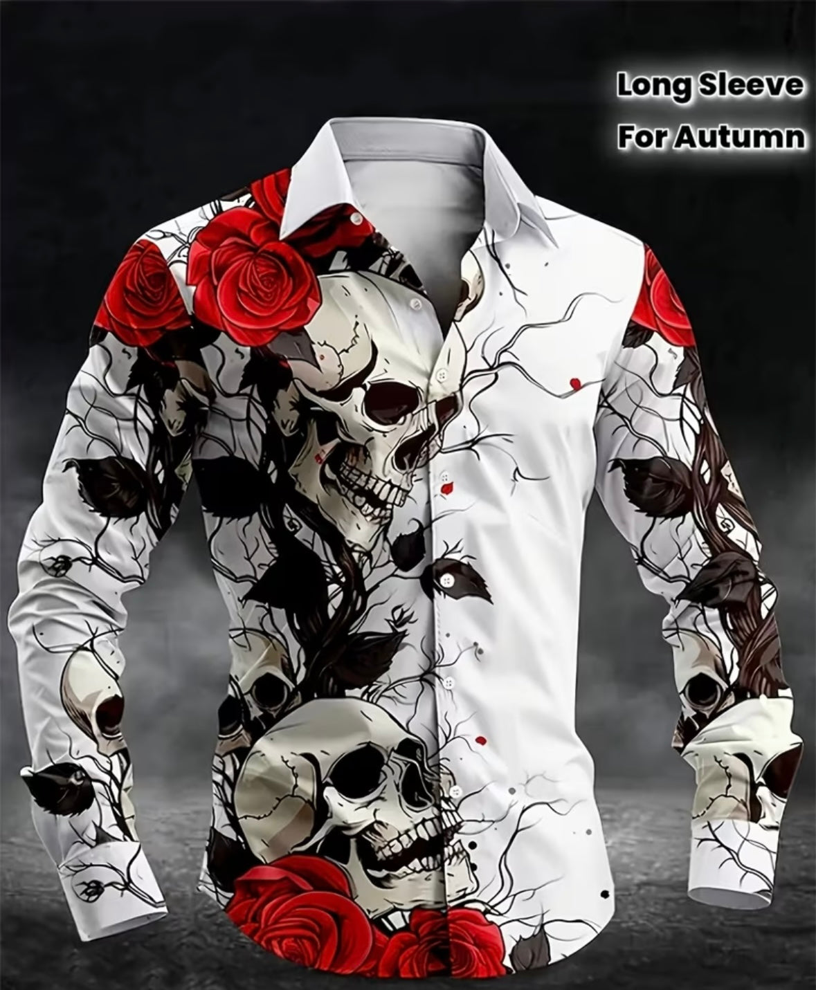 Men’s 3D Skull & Rose Print Long Sleeve Shirt