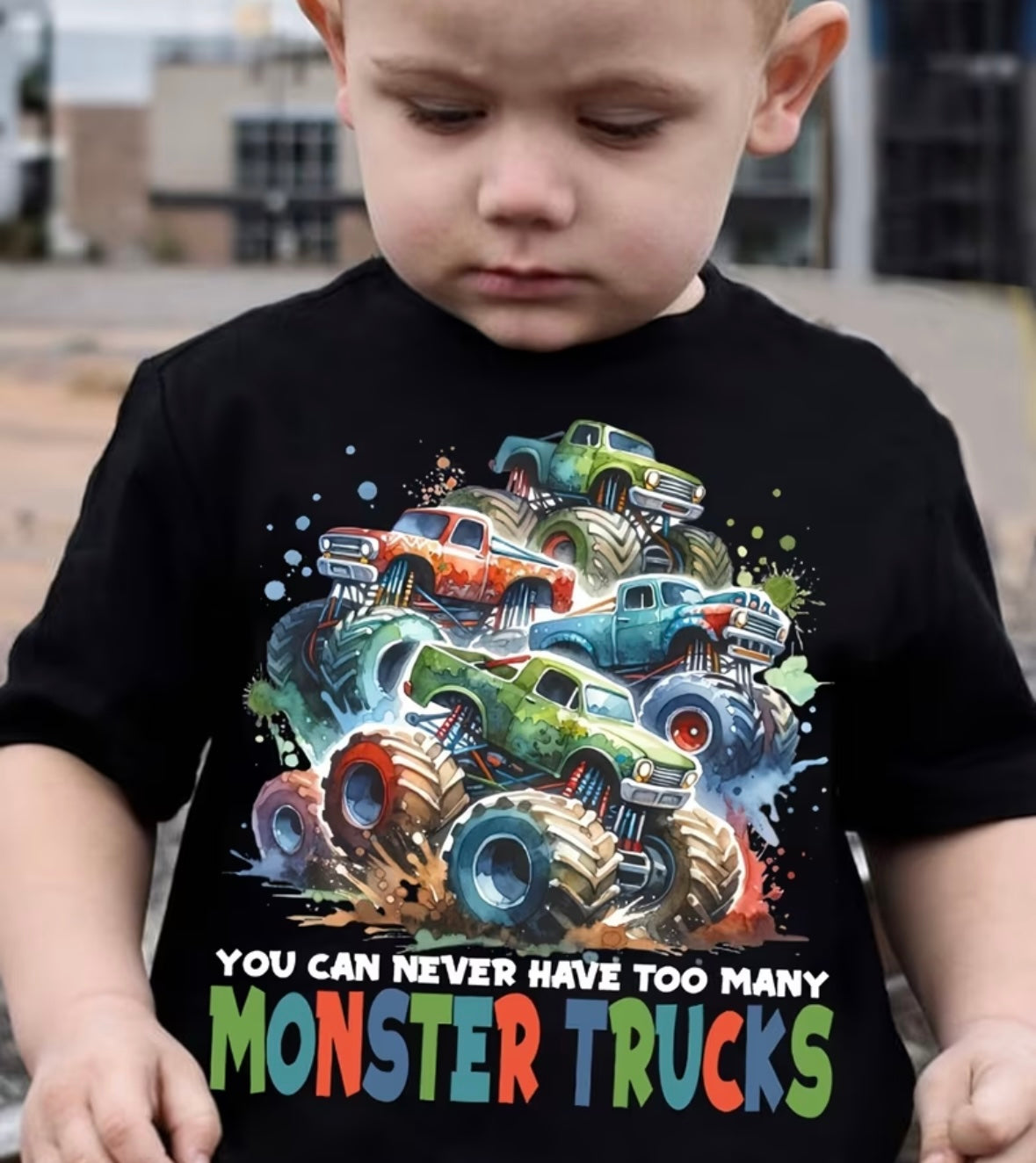 Summer boys trendy tshirt featuring the phrase you can never have too many monster trucks