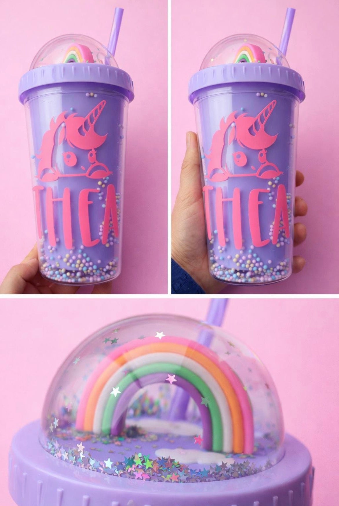 Personalised Rainbow Glitter Globe Tumbler Custom Name Cup