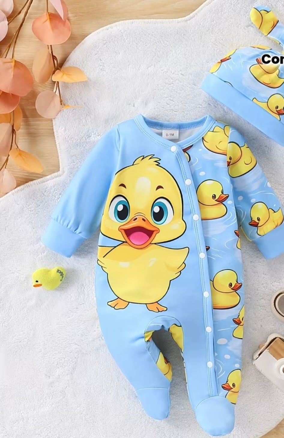 Duck pattern romper & hat