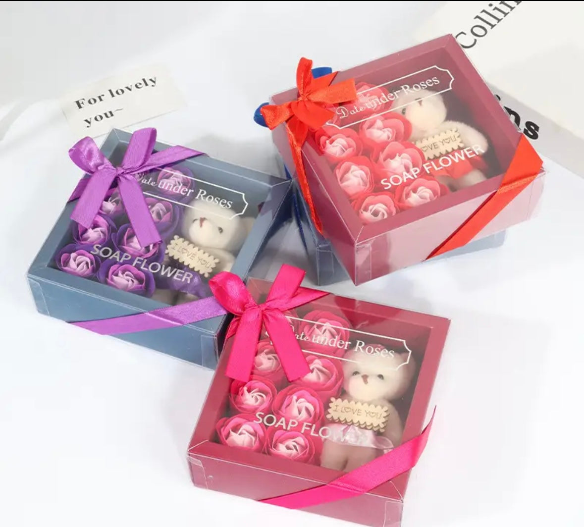 8 roses scented soap flowers with bear gift box