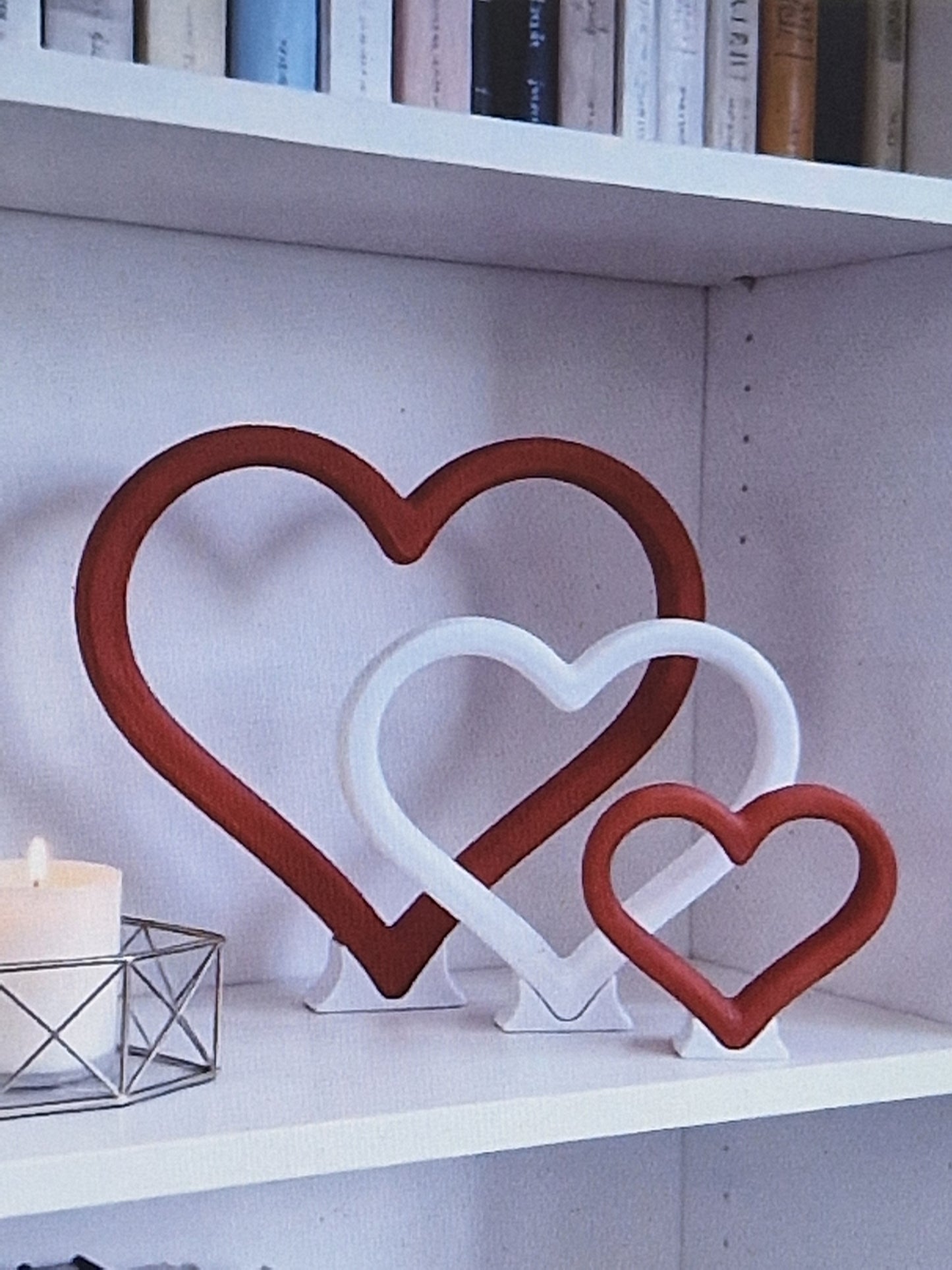 Red and white heart sculptures