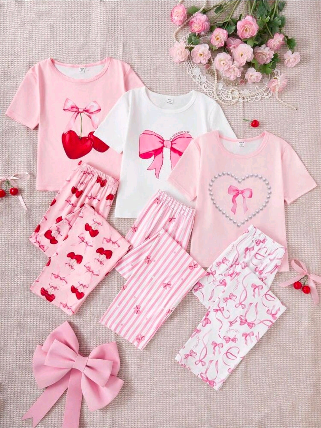 6pcs Girls Cherry & Heart Butterfly Print Pajama Set