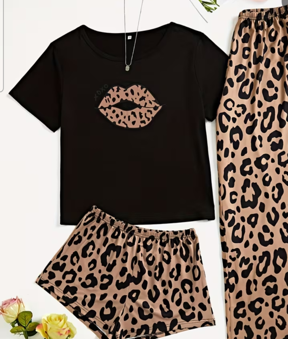 Womens 3pc leopard print pajama set
